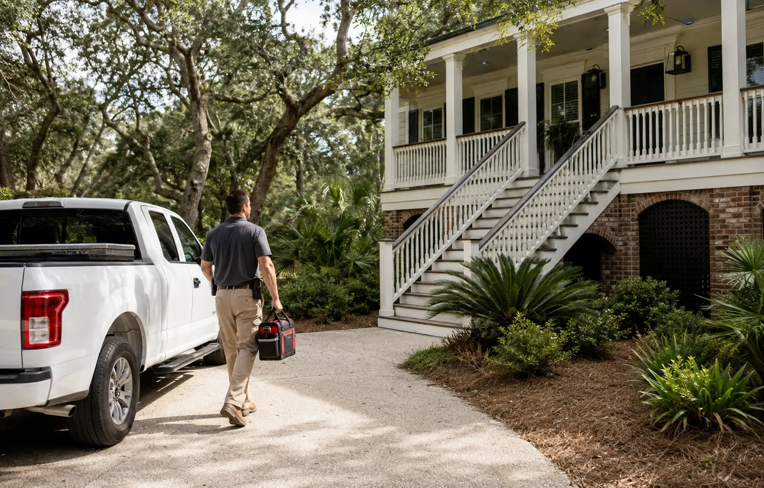 Proterm Pest Control truck parked at a Lowcountry home