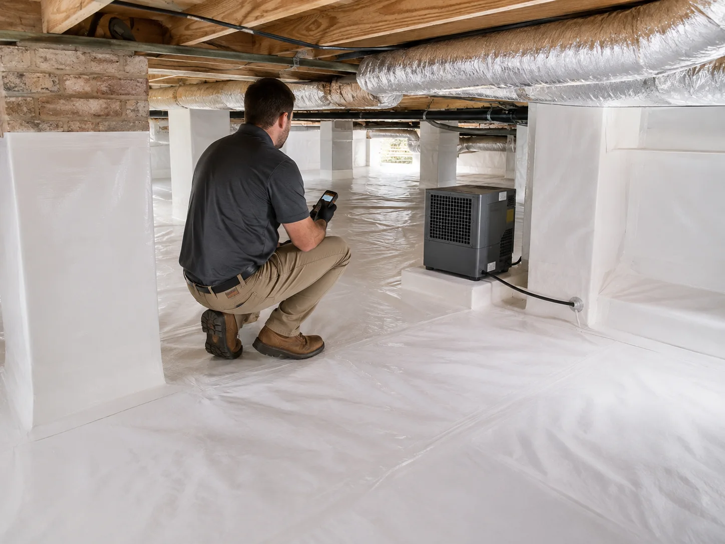 Finished crawlspace encapsulation with sealed vapor barrier and dehumidifier